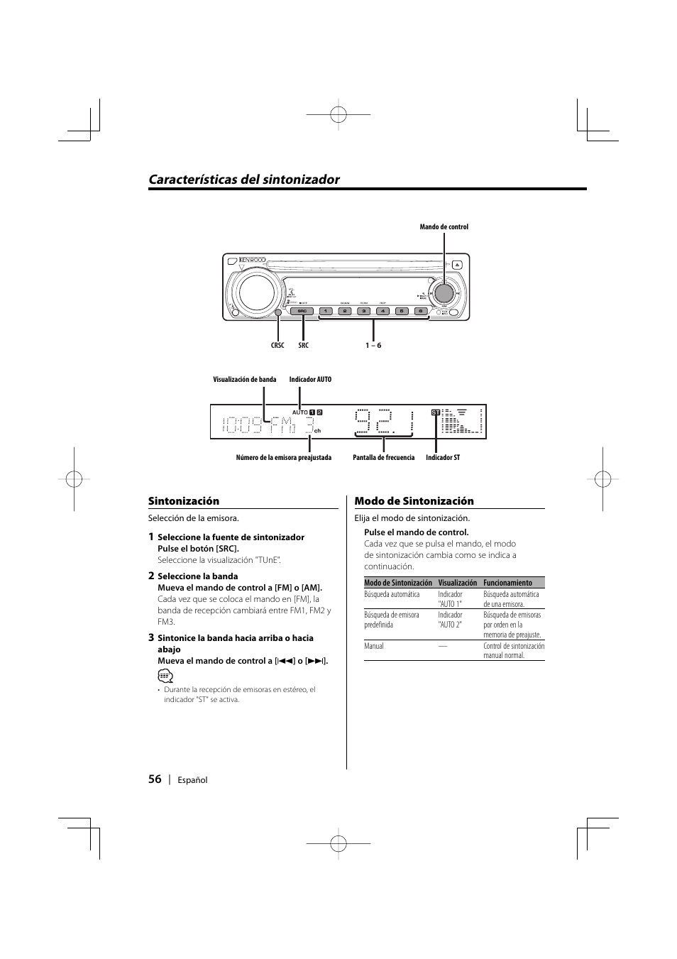 Características del sintonizador, Sintonización, Modo de sintonización | Kenwood KDC-128CR User Manual | Page 56 / 72