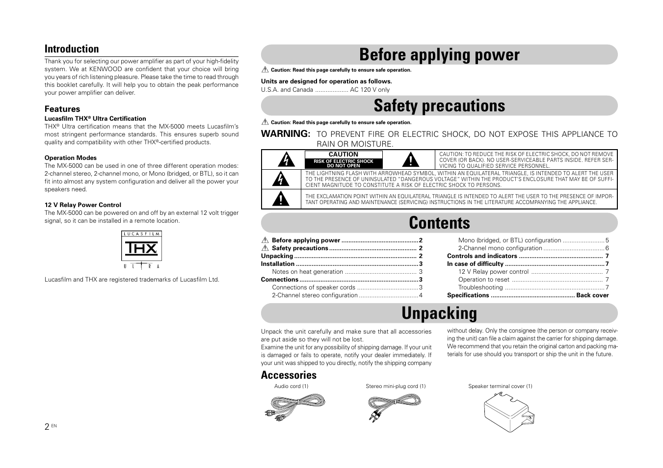 Introduction, Before applying power, Safety precautions | Unpacking contents, Accessories | Kenwood MX-5000 User Manual | Page 2 / 8