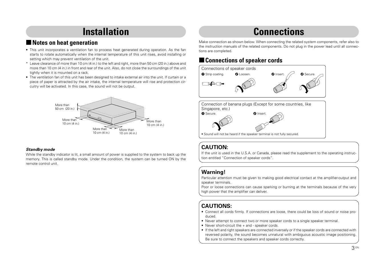 Installation, Connections, Connections of speaker cords | Kenwood MX-5000 User Manual | Page 3 / 8