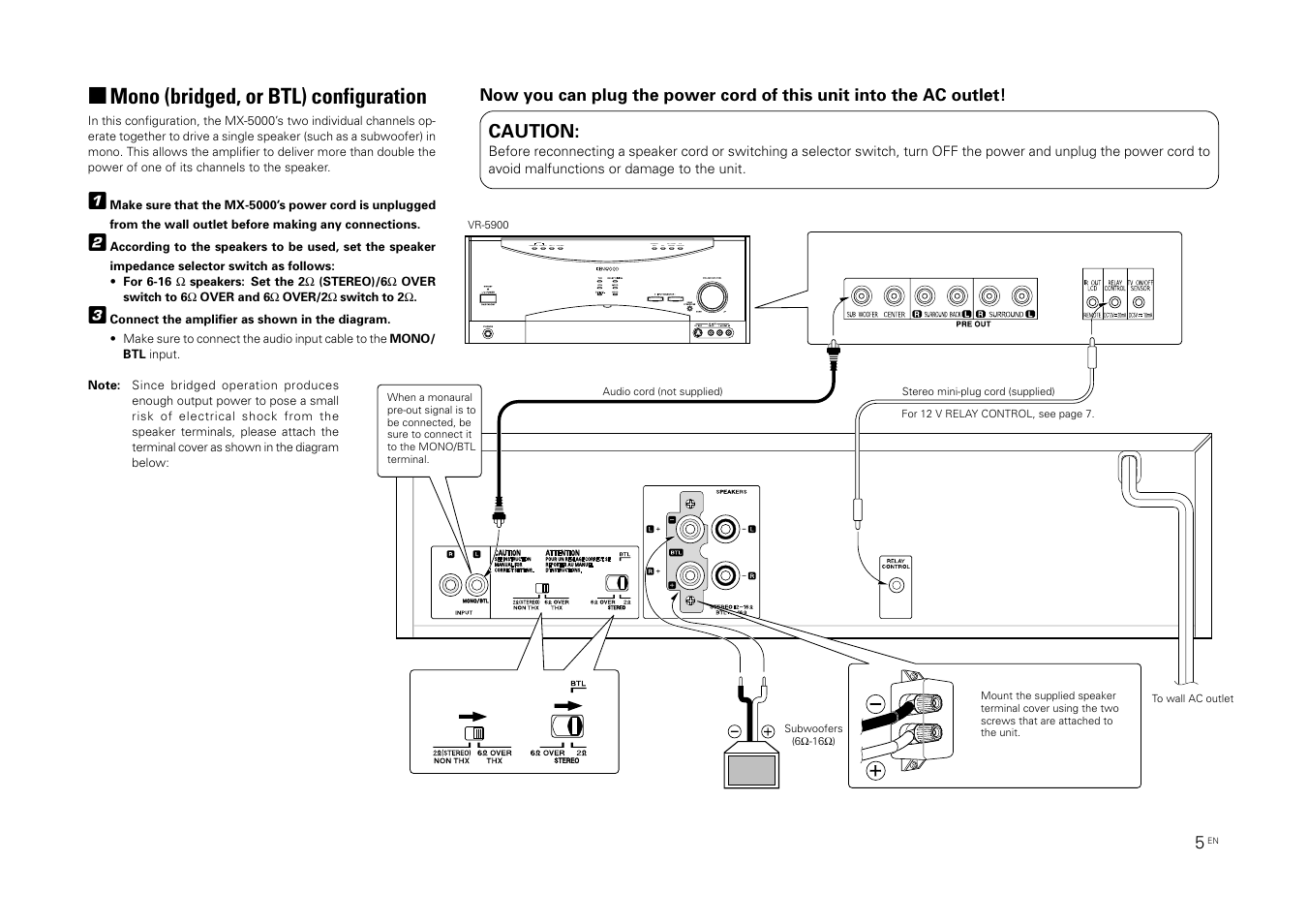 Mono (bridged, or btl) configuration | Kenwood MX-5000 User Manual | Page 5 / 8