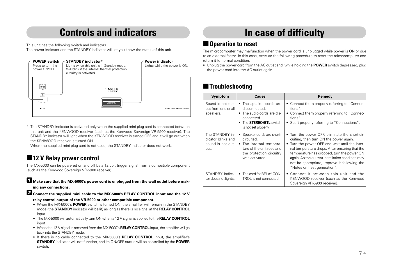 Controls and indicators, In case of difficulty, Operation to reset | Troubleshooting, 12 v relay power control | Kenwood MX-5000 User Manual | Page 7 / 8