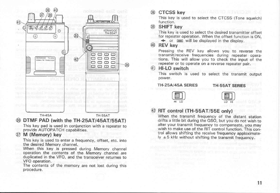 Dtmf pad (with the th-25at/45at/55at), M (memory) key, Ctcss key | Shift key, Rev key, Hi-lo switch, Rit control (th-55at/55e only) | Kenwood TH-55AT Series User Manual | Page 10 / 23