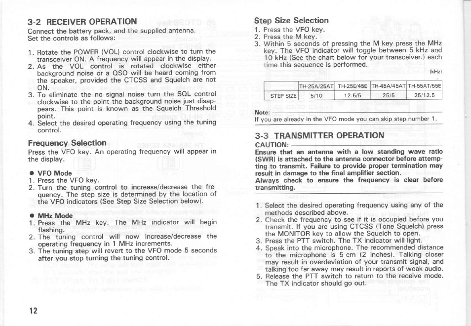 2 receiver operation, Frequency selection, Step size selection | 3 transmitter operation, Receiver operation | Kenwood TH-55AT Series User Manual | Page 11 / 23