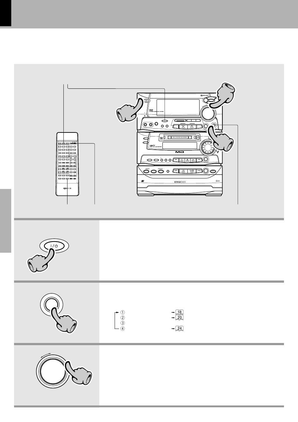 Basic use method, Set the on/standby key to on (standby), Volume adjustment | Selecting the desired output, Let's put out some sound, 2 md, 3 aux (tape etc.) 4 broadcasts, Digital audio compact, Ch aracter, Min. max | Kenwood XD-980MD User Manual | Page 16 / 80