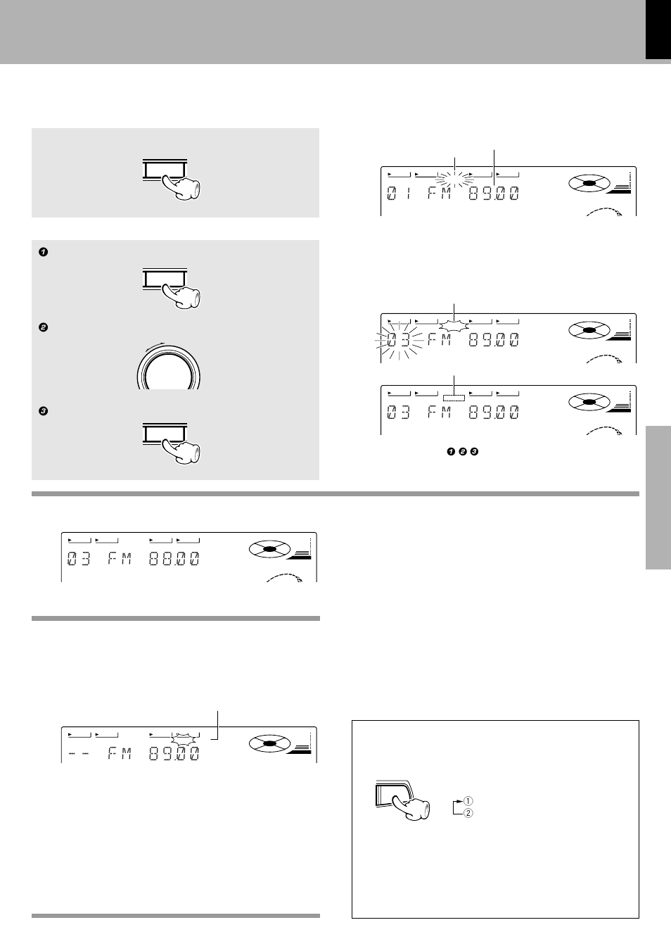 3 f m 8 9 ) ), 1 f m 8 9 ) ), 3 f m 8 8 ) ) | F m 8 9 ) ), Collective presetting of stations, Select the tuning mode, One-by-one presetting, Let's put out some sound, Auto preset), 1 press the enter key during reception | Kenwood XD-980MD User Manual | Page 25 / 80