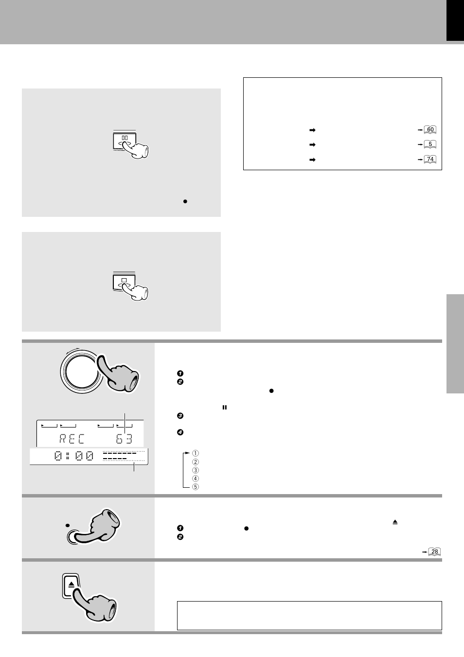 Adjust the recording level, Start recording, Remove the minidisc after the end of recording | R e c 6 3, Pause the recording, Stop the recording | Kenwood XD-980MD User Manual | Page 27 / 80