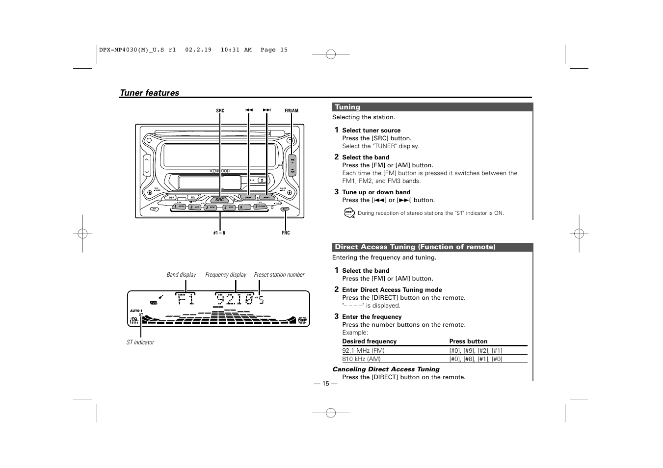 Tuner features | Kenwood DPX-3030S User Manual | Page 15 / 38