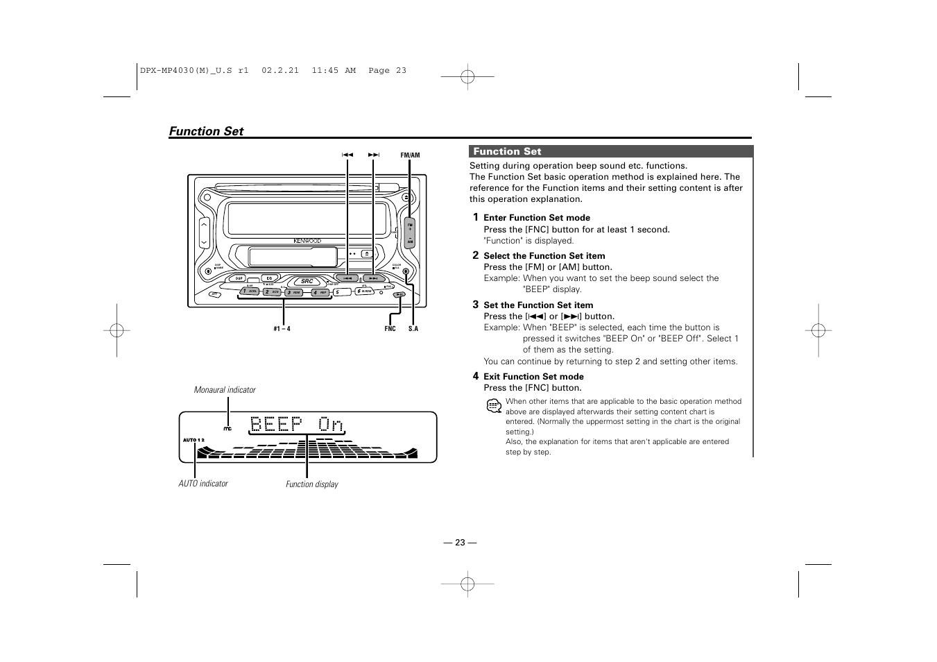 Function set | Kenwood DPX-3030S User Manual | Page 23 / 38