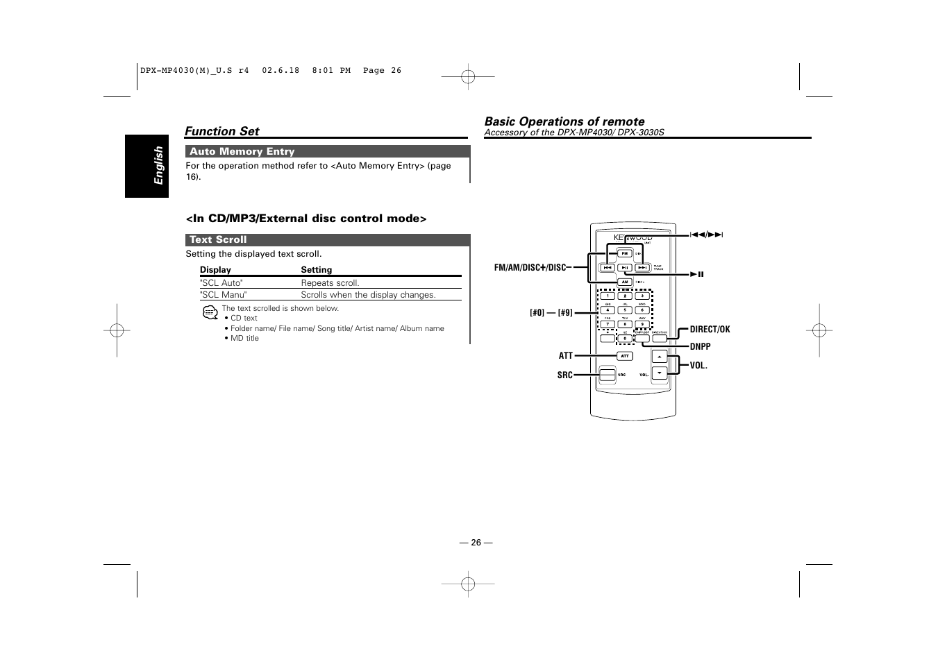 Basic operations of remote | Kenwood DPX-3030S User Manual | Page 26 / 38