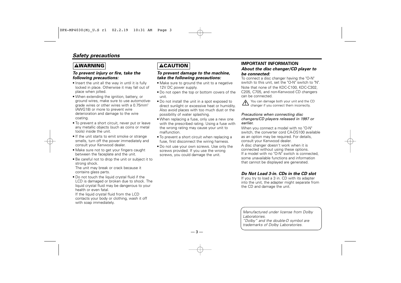 Safety precautions | Kenwood DPX-3030S User Manual | Page 3 / 38
