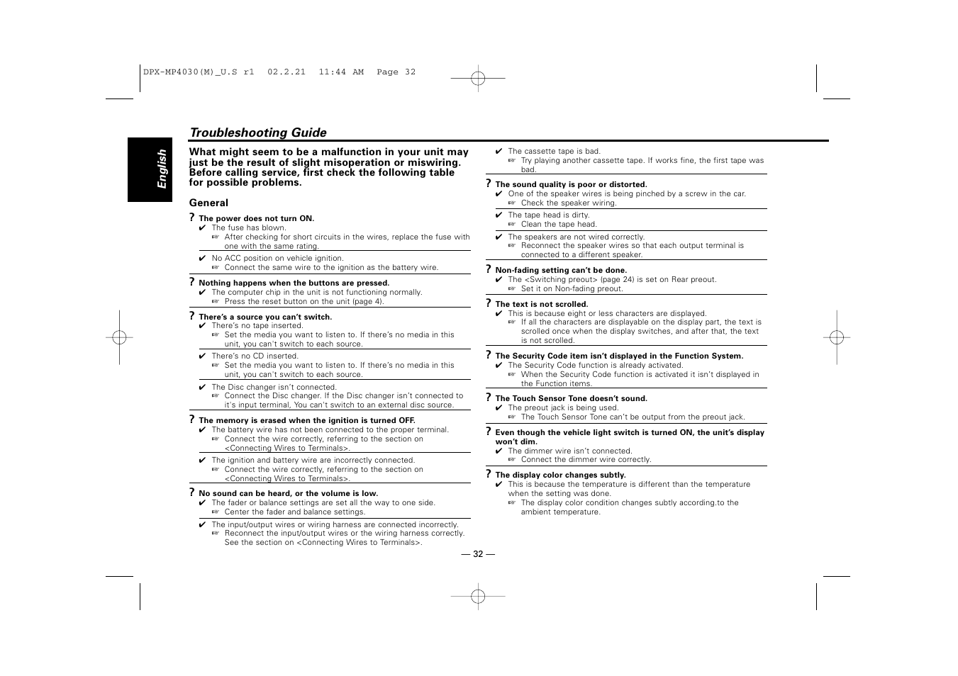 Troubleshooting guide | Kenwood DPX-3030S User Manual | Page 32 / 38