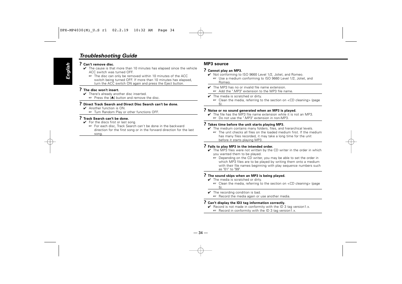 Troubleshooting guide | Kenwood DPX-3030S User Manual | Page 34 / 38