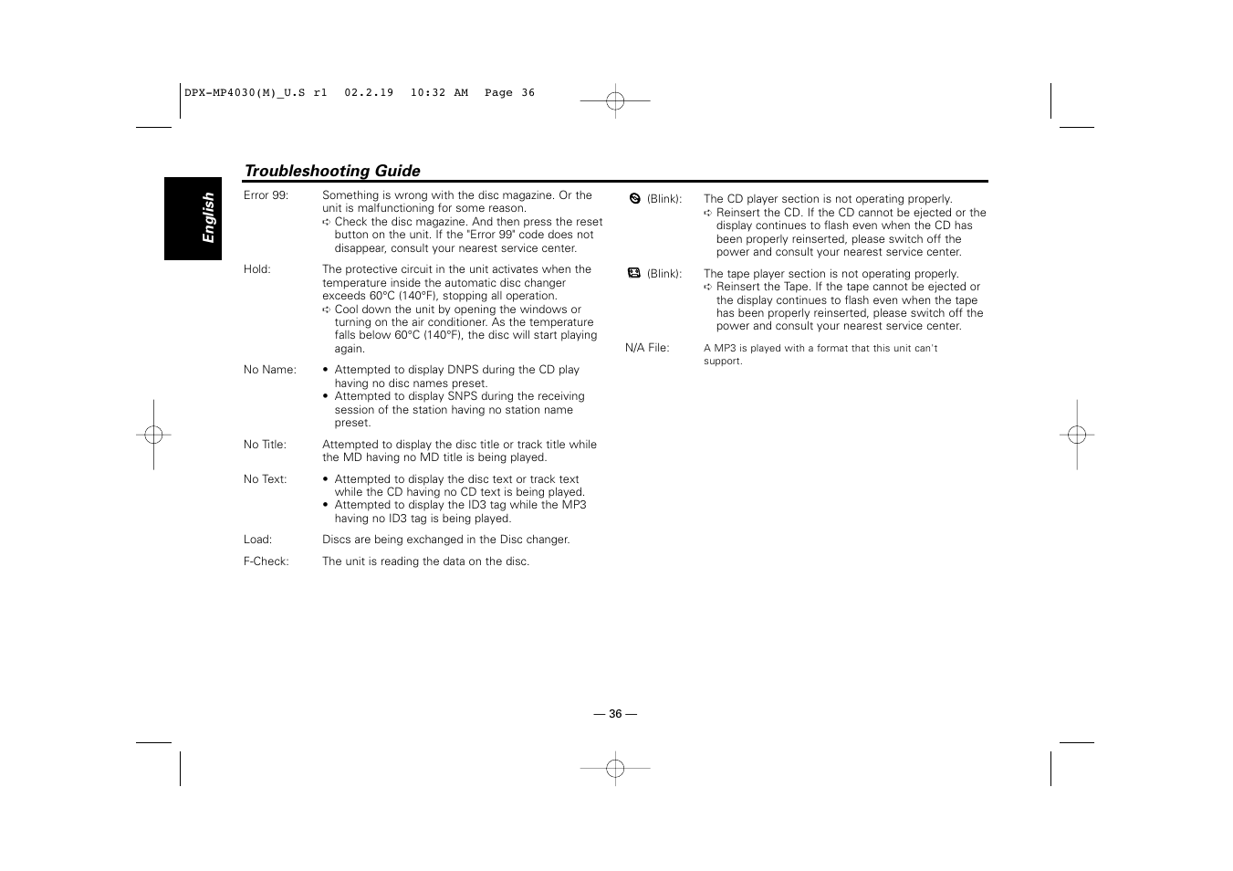 Troubleshooting guide | Kenwood DPX-3030S User Manual | Page 36 / 38