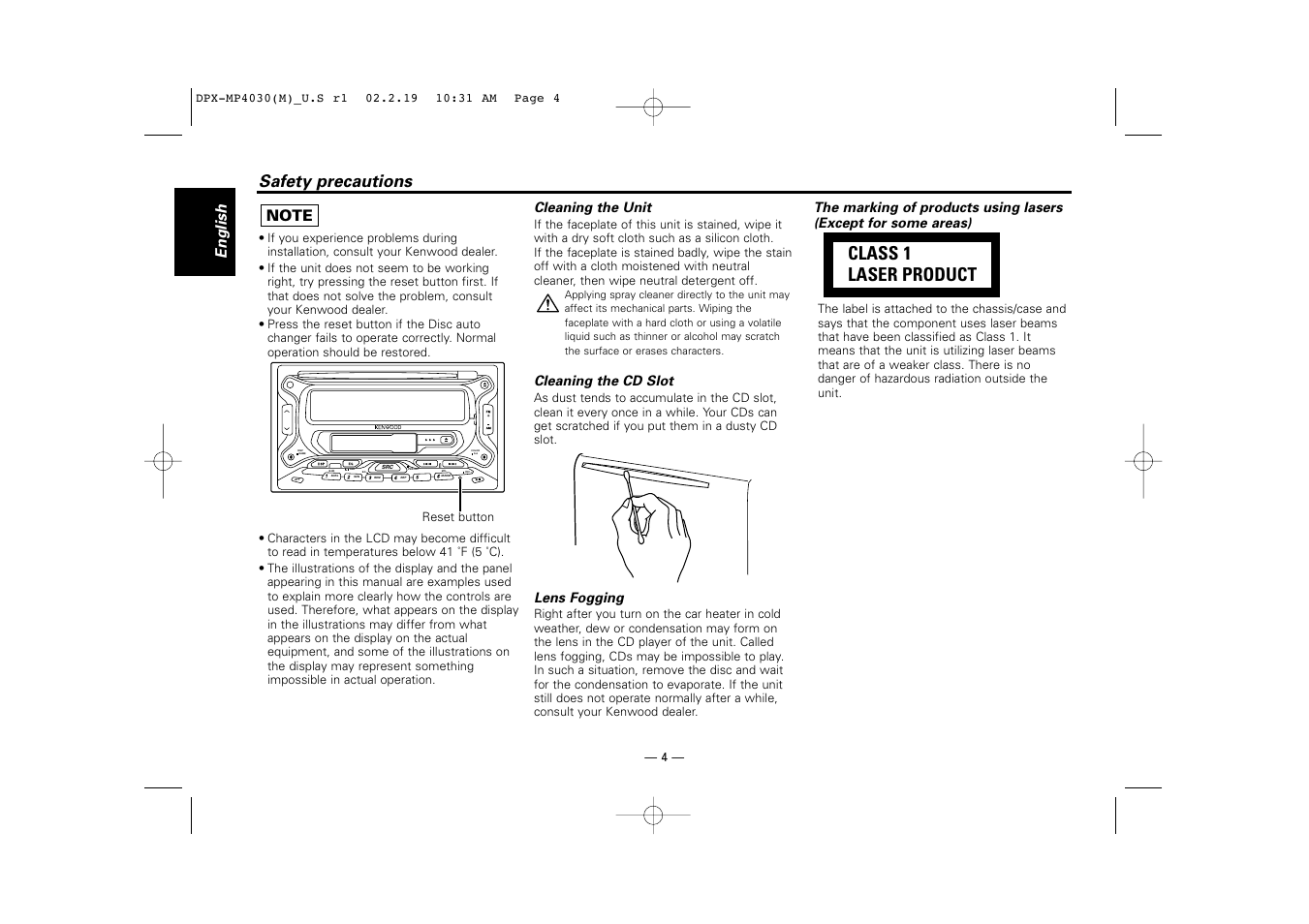 Class 1 laser product | Kenwood DPX-3030S User Manual | Page 4 / 38