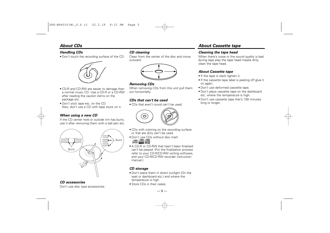 About cds, About cassette tape | Kenwood DPX-3030S User Manual | Page 5 / 38