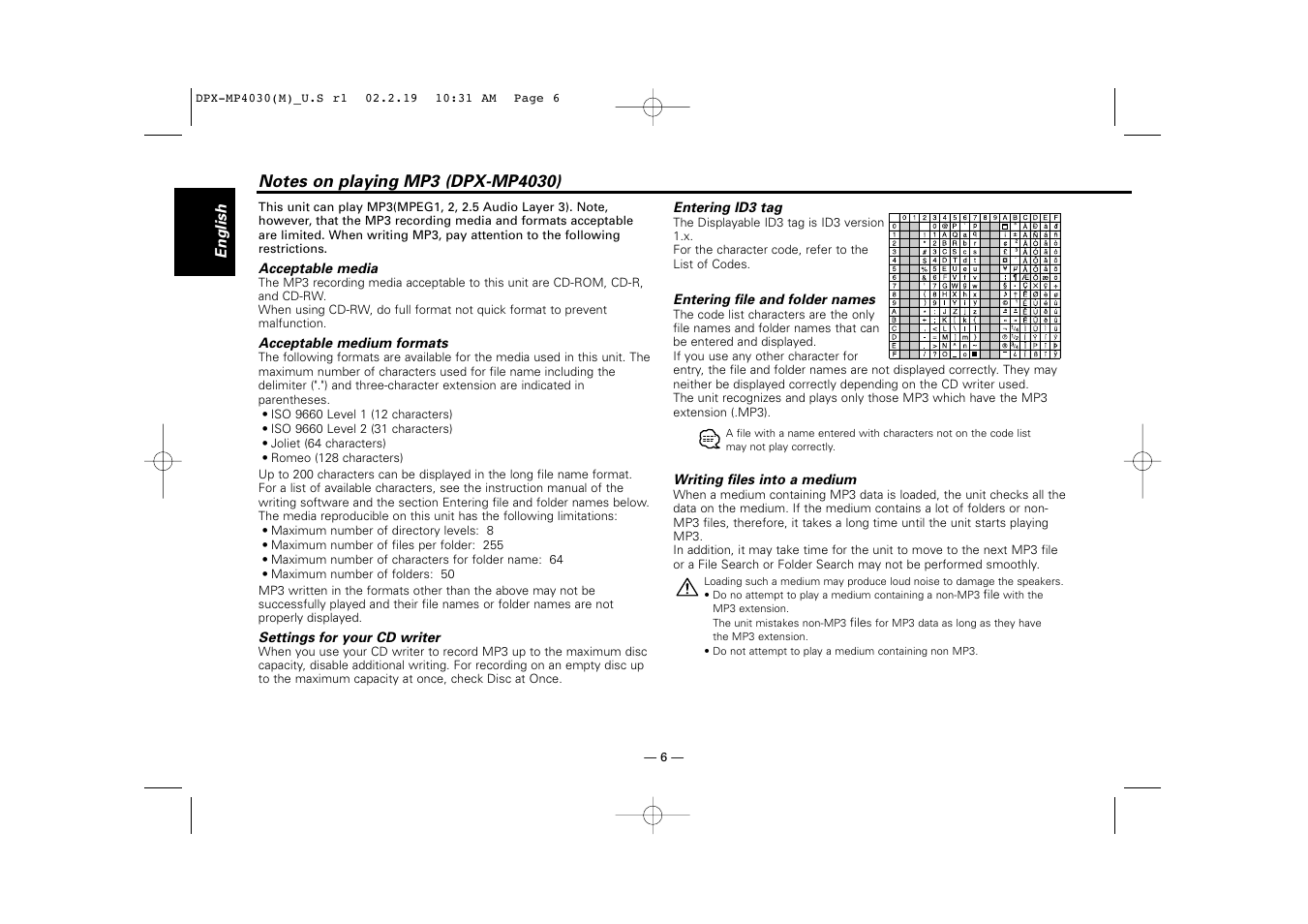 Notes on playing mp3 (dpx-mp4030) | Kenwood DPX-3030S User Manual | Page 6 / 38