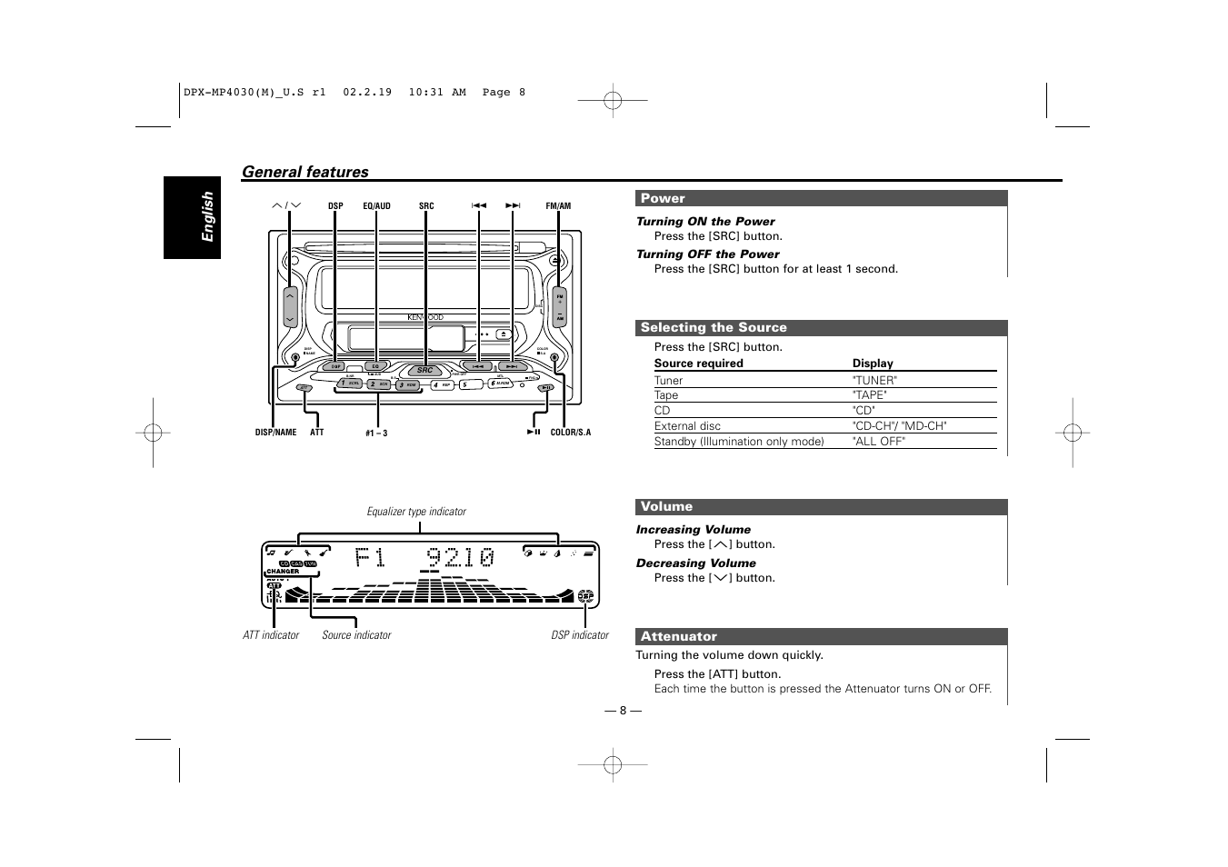 General features, English | Kenwood DPX-3030S User Manual | Page 8 / 38