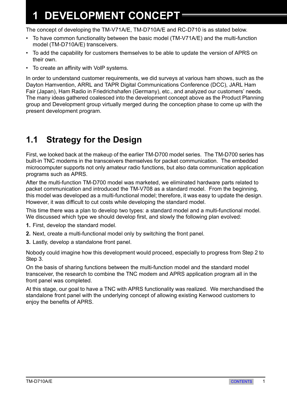 Development concept, 1 strategy for the design, 1 development concept | Kenwood TM-455E User Manual | Page 11 / 100