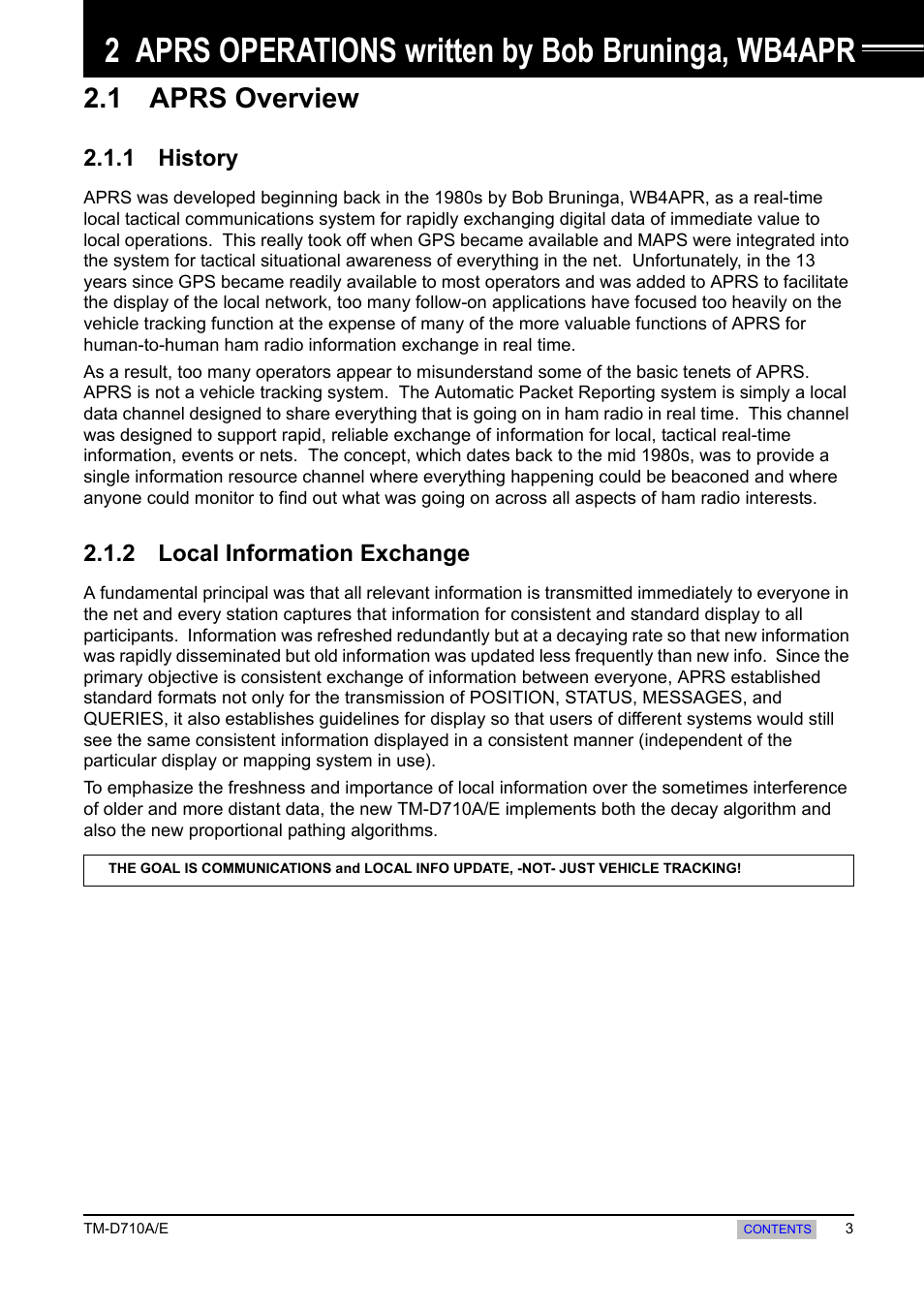 Aprs operations written by bob bruninga, wb4apr, 1 aprs overview, 1 history | 2 local information exchange, 2 aprs operations written by, Bob bruninga, wb4apr, History, Local information exchange, 2 aprs operations written by bob bruninga, wb4apr | Kenwood TM-455E User Manual | Page 13 / 100