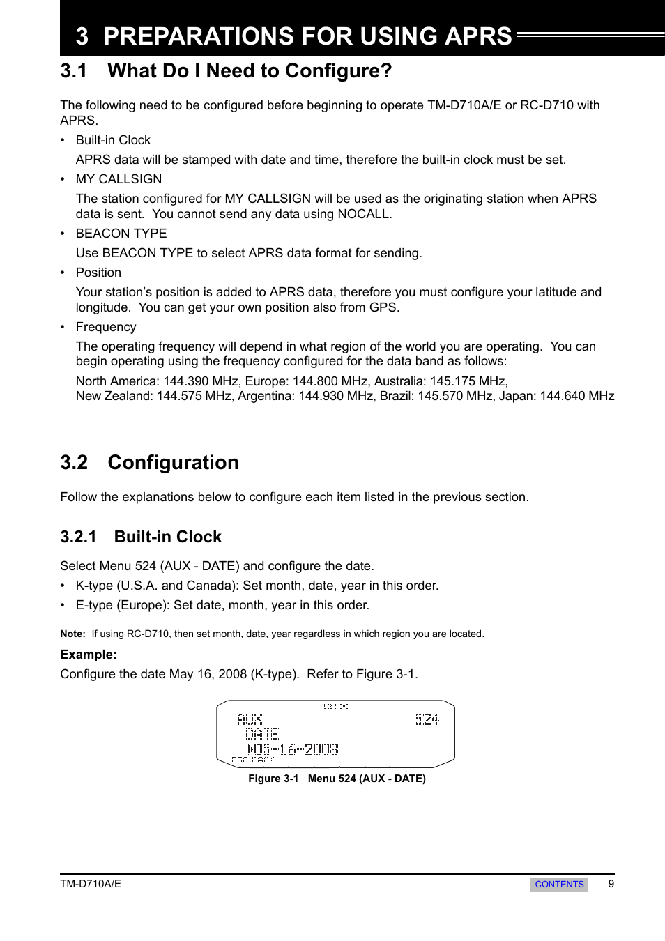 Preparations for using aprs, 1 what do i need to configure, 2 configuration | 1 built-in clock, 3 preparations for using, Aprs, 1 what do i need to configure? 3.2 configuration, Built-in clock, 3 preparations for using aprs | Kenwood TM-455E User Manual | Page 19 / 100