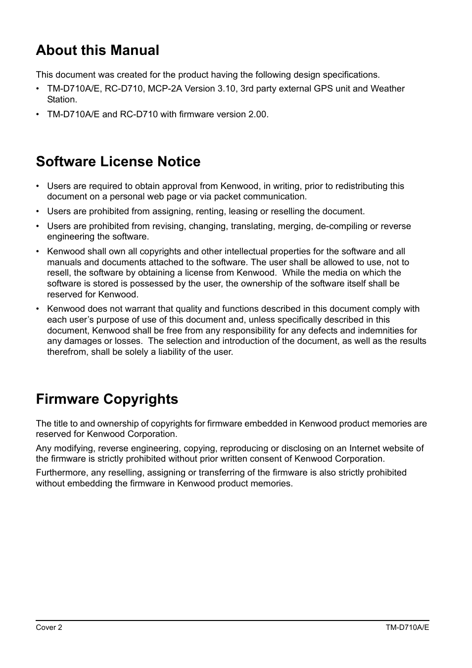 About this manual, Software license notice, Firmware copyrights | Kenwood TM-455E User Manual | Page 2 / 100