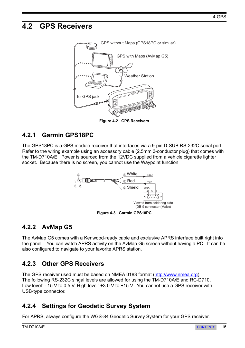 2 gps receivers, 1 garmin gps18pc, 2 avmap g5 | 3 other gps receivers, 4 settings for geodetic survey system, Garmin gps18pc, Avmap g5, Other gps receivers, Settings for geodetic survey system | Kenwood TM-455E User Manual | Page 25 / 100