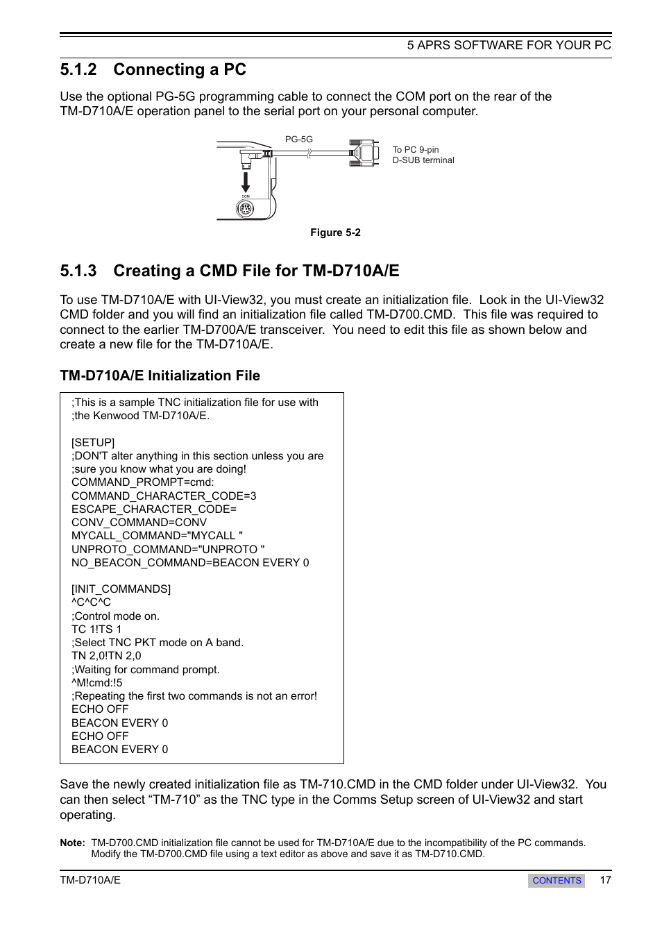 2 connecting a pc, 3 creating a cmd file for tm-d710a/e, Connecting a pc | Creating a cmd file for tm-d710a/e, Tm-d710a/e initialization file | Kenwood TM-455E User Manual | Page 27 / 100