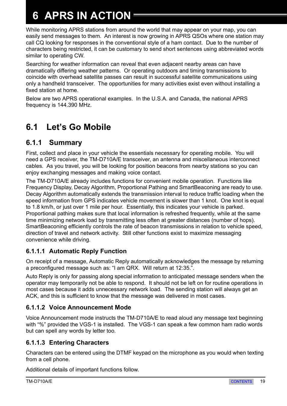 Aprs in action, 1 let’s go mobile, 1 summary | 1 automatic reply function, 2 voice announcement mode, 3 entering characters, 6 aprs in action, Summary | Kenwood TM-455E User Manual | Page 29 / 100