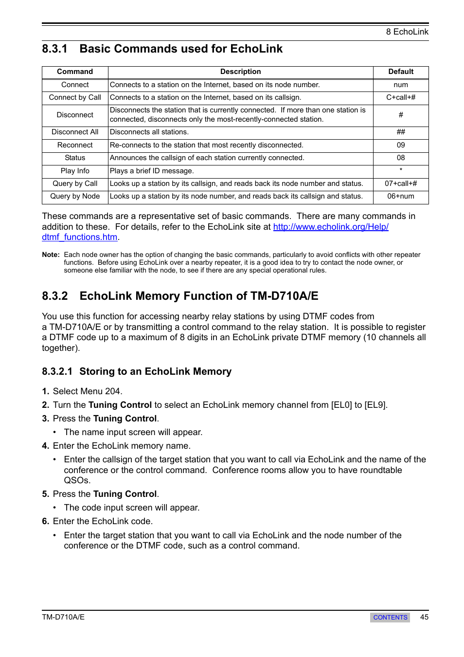 1 basic commands used for echolink, 2 echolink memory function of tm-d710a/e, 1 storing to an echolink memory | Basic commands used for echolink, Echolink memory function of tm-d710a/e, 1 storing to an echolink, Memory | Kenwood TM-455E User Manual | Page 55 / 100