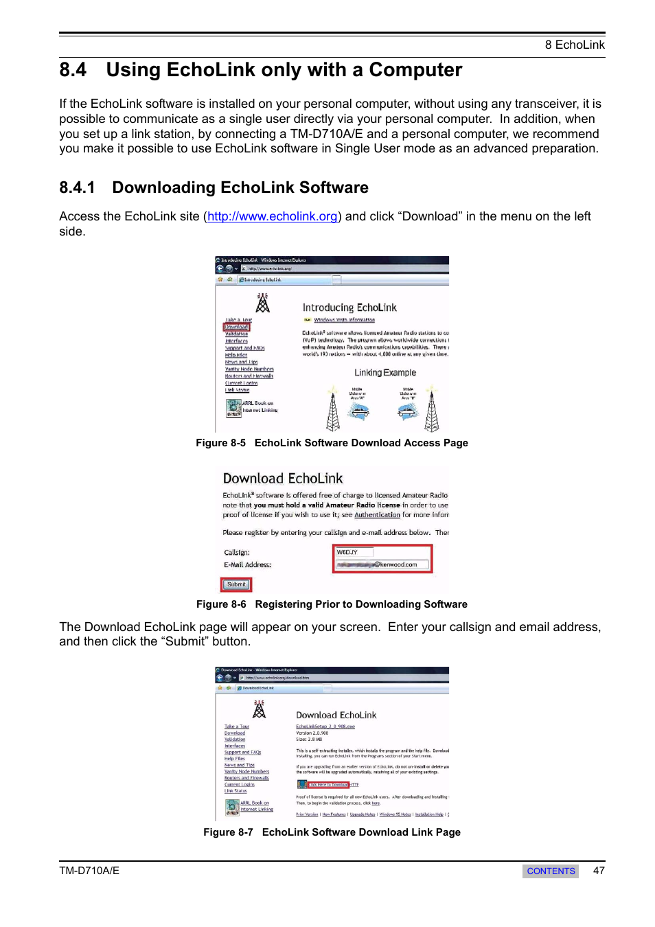 4 using echolink only with a computer, 1 downloading echolink software, 4 using echolink only with a | Computer, Downloading echolink software | Kenwood TM-455E User Manual | Page 57 / 100