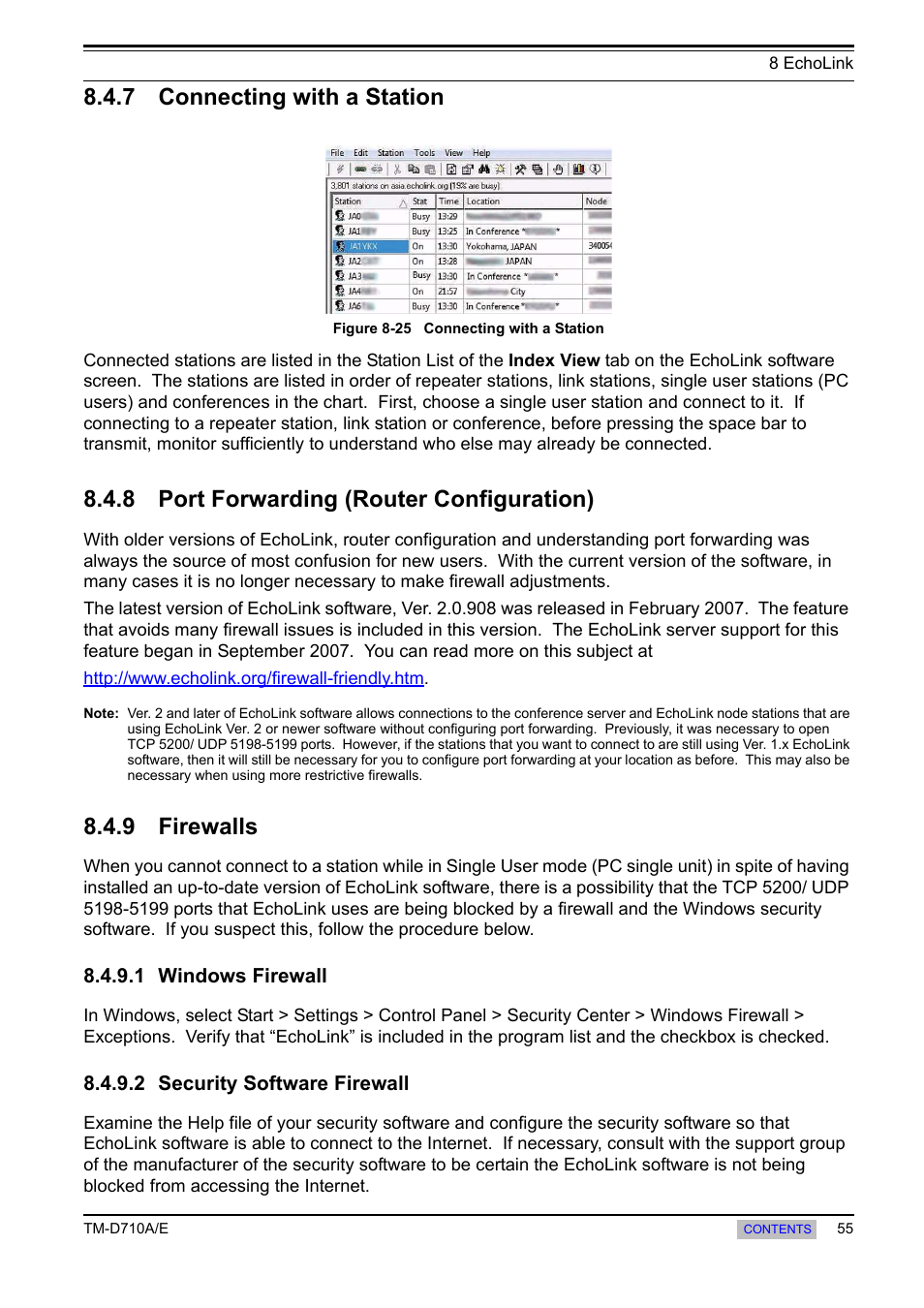 7 connecting with a station, 8 port forwarding (router configuration), 9 firewalls | 1 windows firewall, 2 security software firewall, Connecting with a station, Port forwarding (router configuration), Firewalls | Kenwood TM-455E User Manual | Page 65 / 100