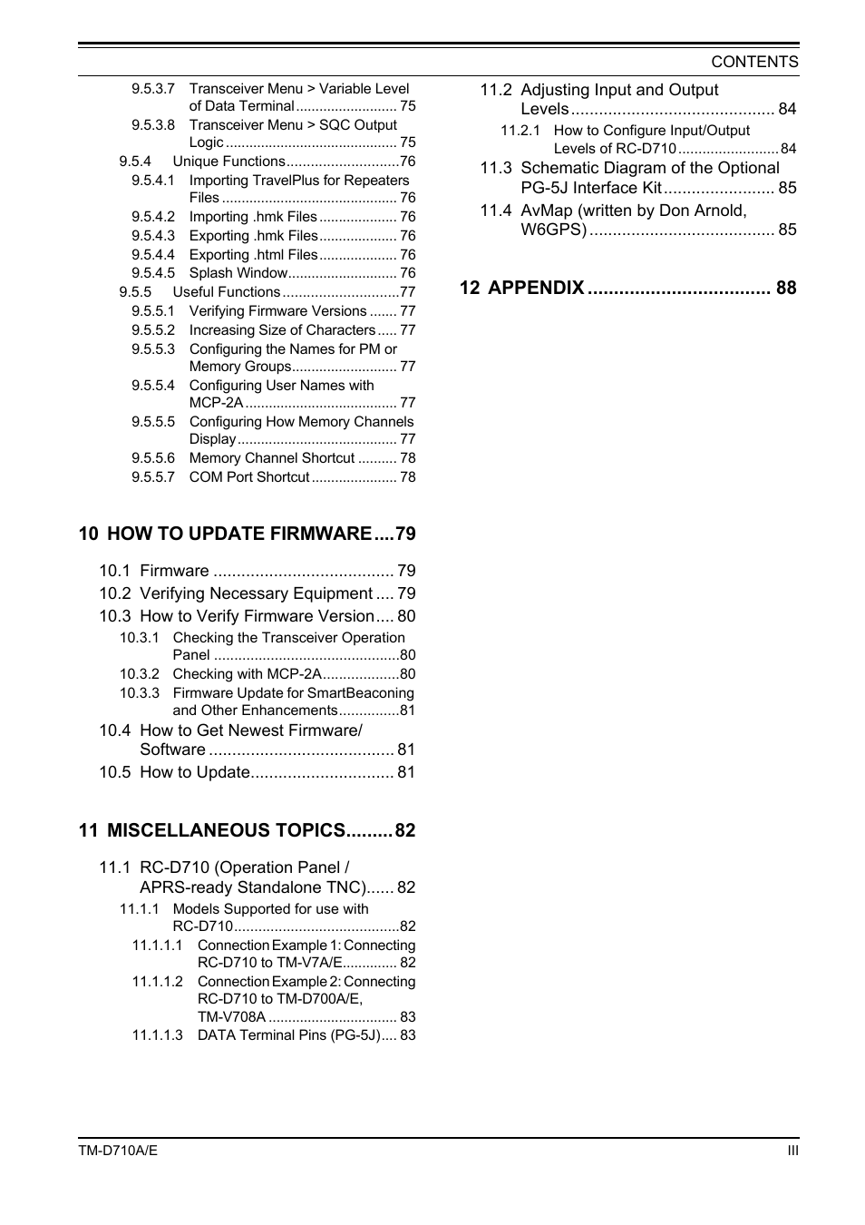 10 how to update firmware, 11 miscellaneous topics, 12 appendix | Kenwood TM-455E User Manual | Page 7 / 100