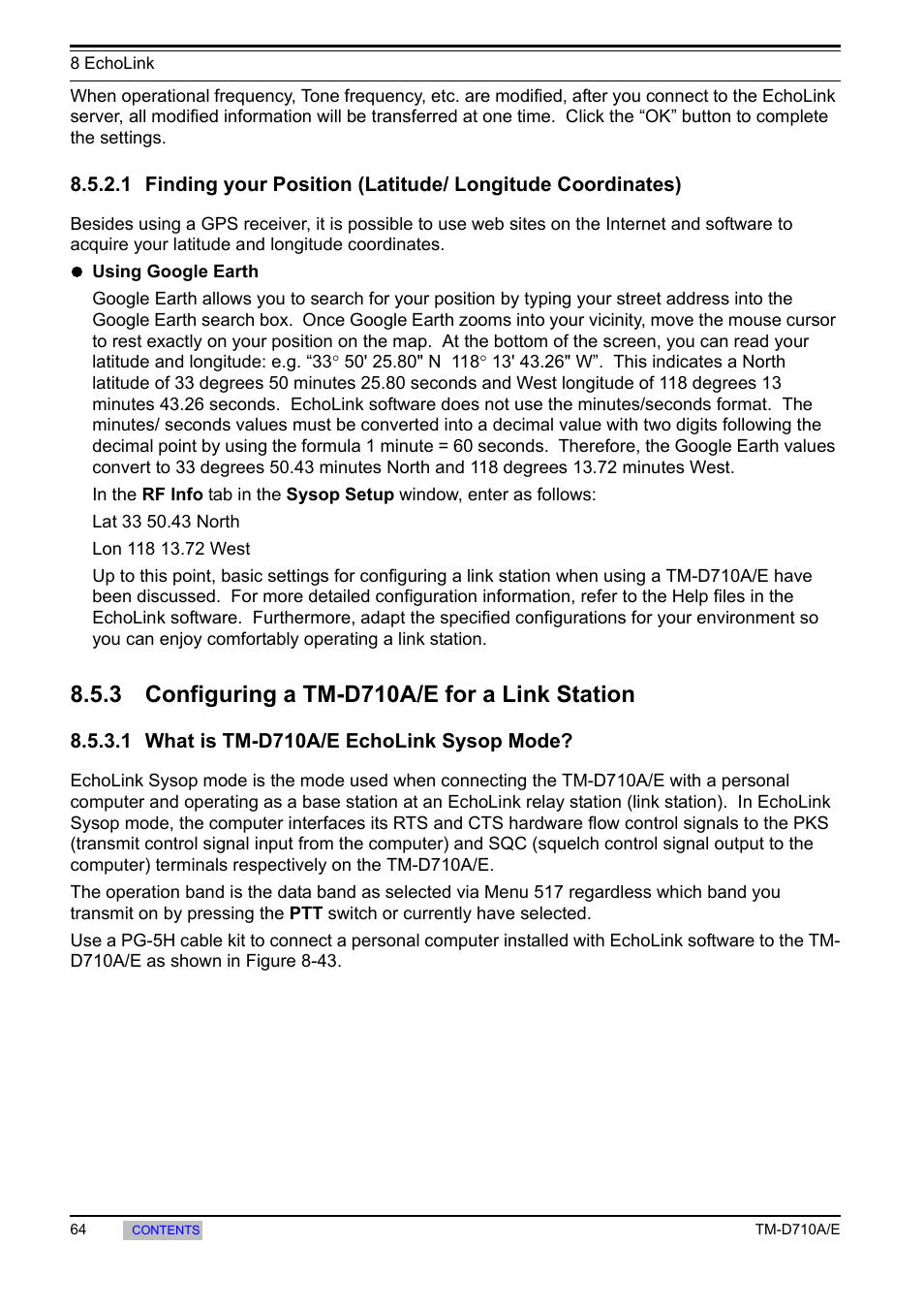 3 configuring a tm-d710a/e for a link station, 1 what is tm-d710a/e echolink sysop mode, 1 finding your position (latitude | Longitude coordinates), Configuring a tm-d710a/e for a link station, 1 what is tm-d710a/e echolink, Sysop mode | Kenwood TM-455E User Manual | Page 74 / 100