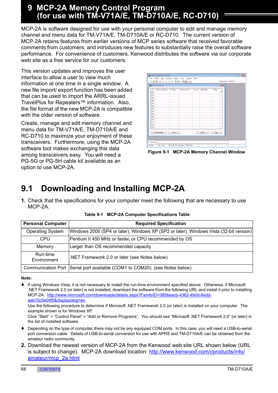 1 downloading and installing mcp-2a, 9 mcp-2a memory control, 1 downloading and installing | Mcp-2a | Kenwood TM-455E User Manual | Page 78 / 100