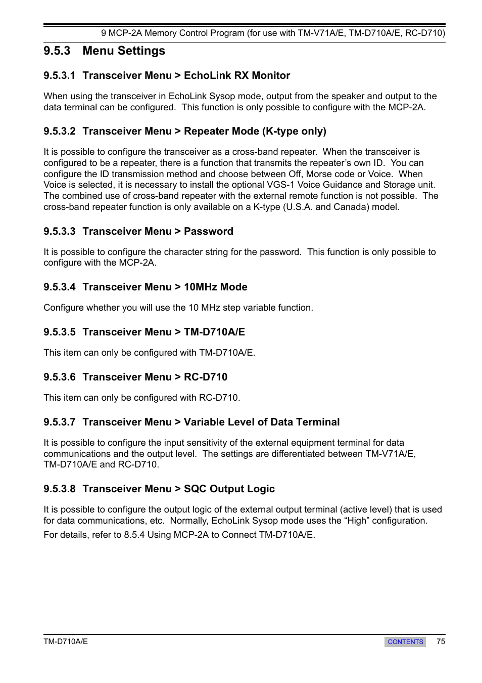 3 menu settings, 1 transceiver menu > echolink rx monitor, 2 transceiver menu > repeater mode (k-type only) | 3 transceiver menu > password, 4 transceiver menu > 10mhz mode, 5 transceiver menu > tm-d710a/e, 6 transceiver menu > rc-d710, 8 transceiver menu > sqc output logic, Menu settings, 1 transceiver menu | Kenwood TM-455E User Manual | Page 85 / 100