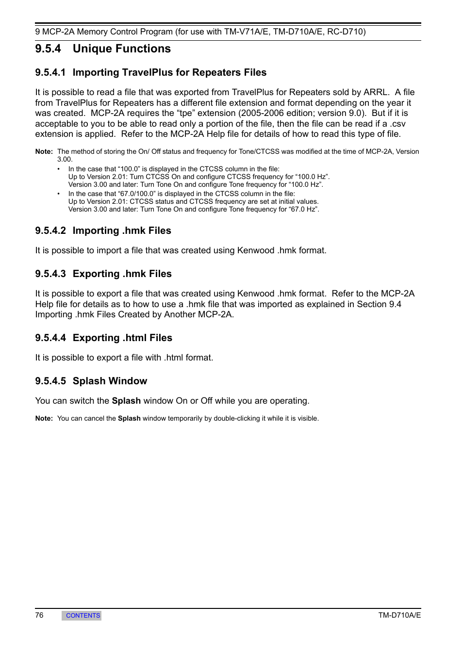 4 unique functions, 1 importing travelplus for repeaters files, 2 importing .hmk files | 3 exporting .hmk files, 4 exporting .html files, 5 splash window, Unique functions, 1 importing travelplus for repeaters, Files | Kenwood TM-455E User Manual | Page 86 / 100