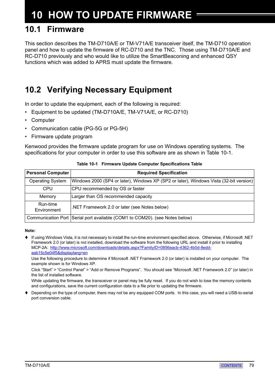 How to update firmware, 1 firmware, 2 verifying necessary equipment | 10 how to update firmware, 1 firmware 10.2 verifying necessary equipment | Kenwood TM-455E User Manual | Page 89 / 100