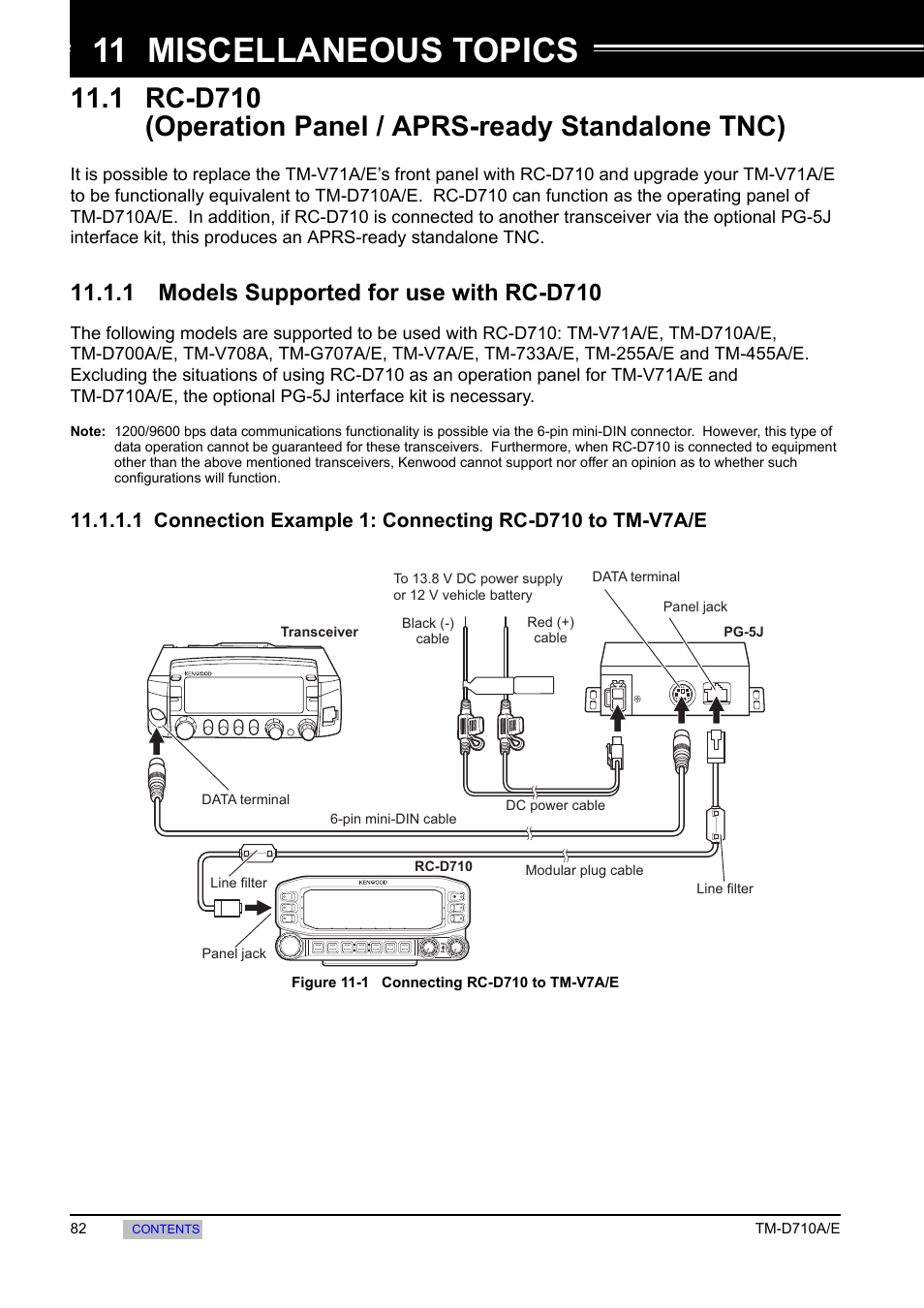 Miscellaneous topics, 1 models supported for use with rc-d710, 11 miscellaneous topics | 1 rc-d710 (operation panel, Aprs-ready standalone tnc), 1 models supported for use with, Rc-d710, 1 connection example 1: connecting, Rc-d710 to tm-v7a/e | Kenwood TM-455E User Manual | Page 92 / 100