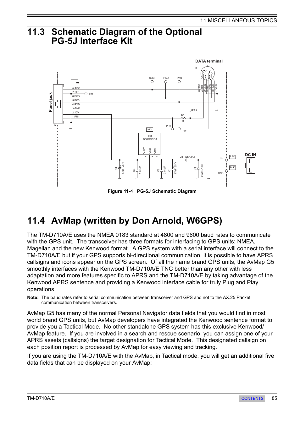 4 avmap (written by don arnold, w6gps), 3 schematic diagram of the optional, Pg-5j interface kit | 4 avmap (written by don arnold, W6gps), 11 miscellaneous topics, Tm-d710a/e, Figure 11-4 pg-5j schematic diagram | Kenwood TM-455E User Manual | Page 95 / 100