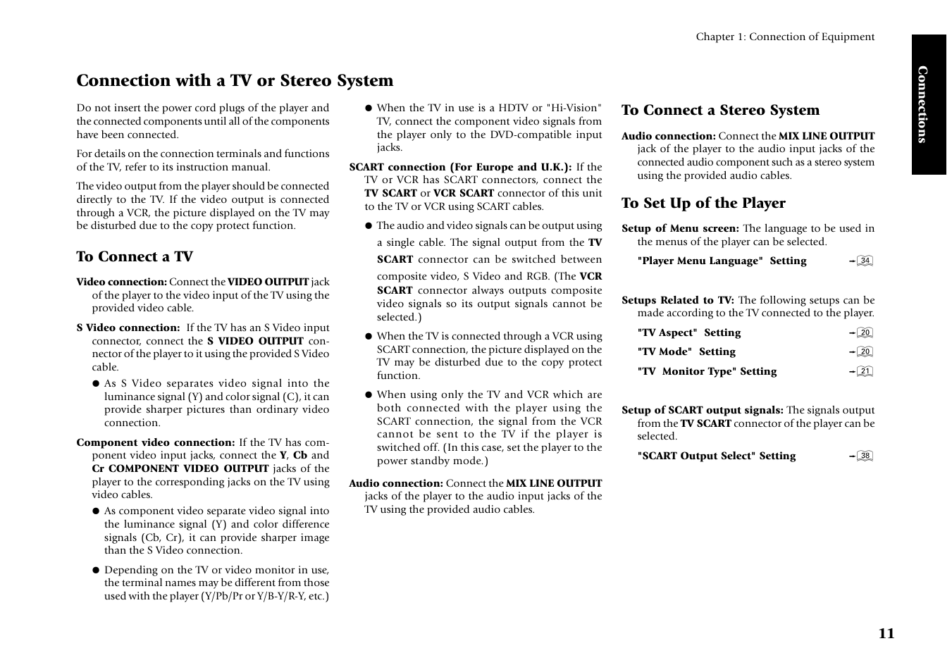 To connect a tv, To connect a stereo system, To set up of the player | Connection with a tv or stereo system | Kenwood DV-4070 User Manual | Page 11 / 48