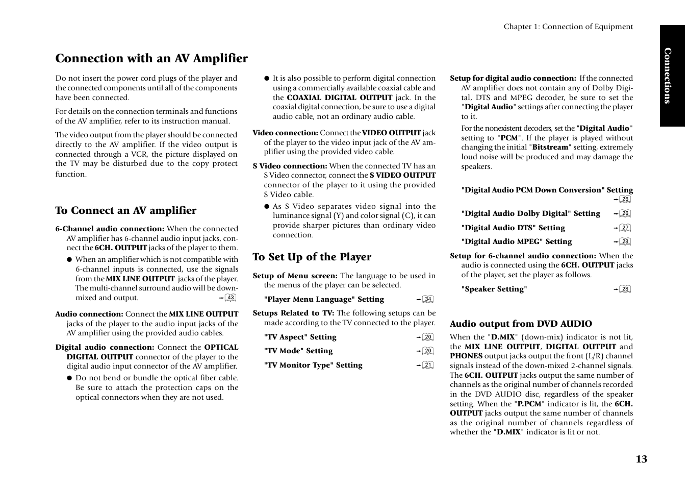To connect an av amplifier, To set up of the player, Connection with an av amplifier | Kenwood DV-4070 User Manual | Page 13 / 48
