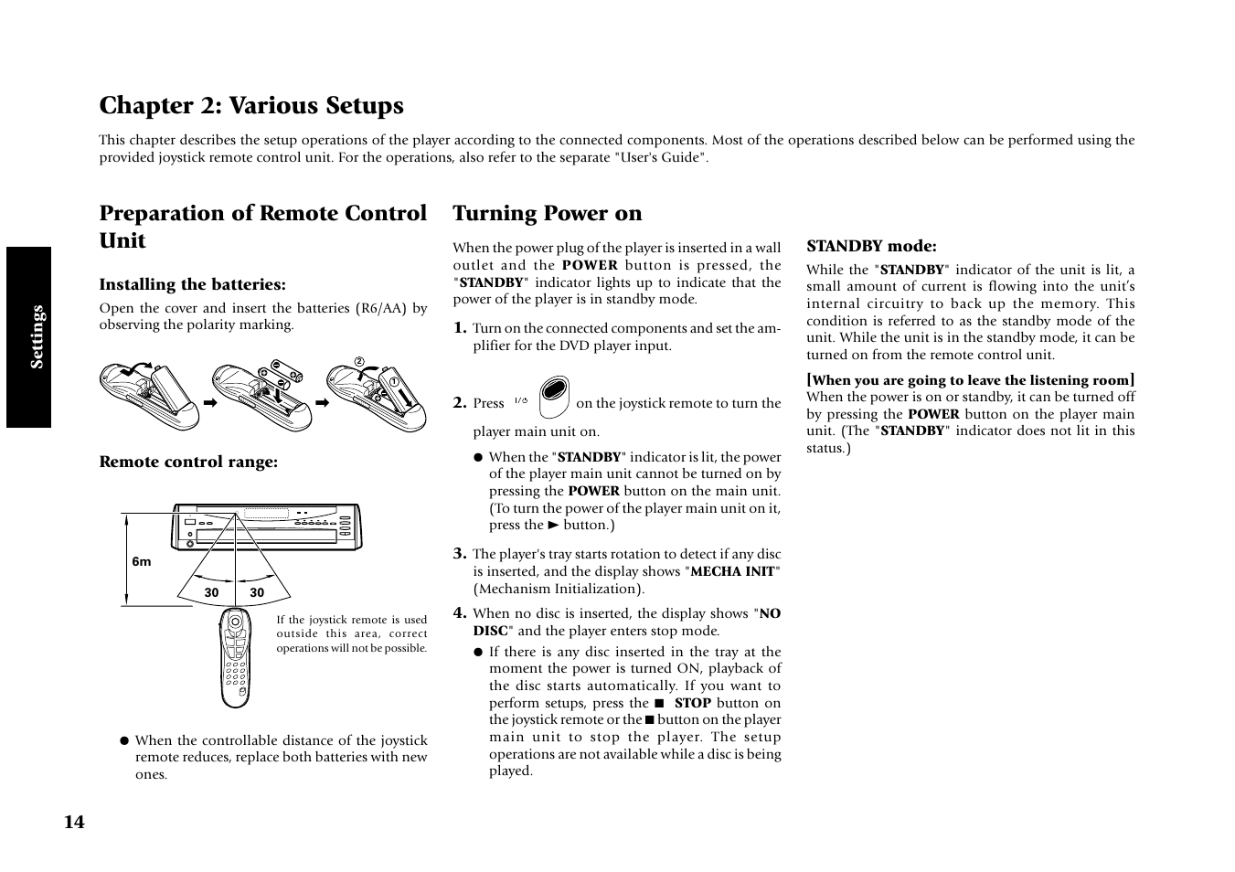 Chapter 2: various setups, Preparation of remote control unit, Installing the batteries | Remote control range, Turning power on, Standby mode | Kenwood DV-4070 User Manual | Page 14 / 48