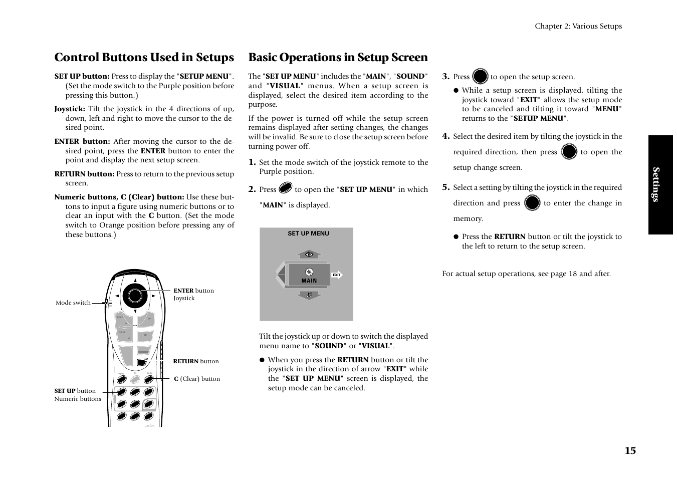 Control buttons used in setups, Basic operations in setup screen, Settings | Kenwood DV-4070 User Manual | Page 15 / 48