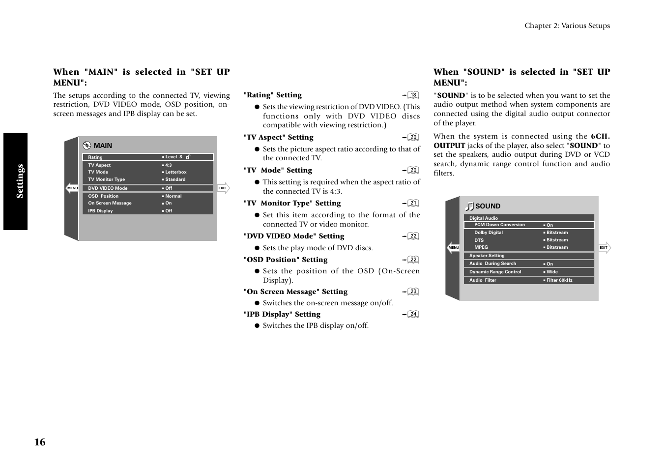 When "main" is selected in "set up menu, When "sound" is selected in "set up menu, Settings | Kenwood DV-4070 User Manual | Page 16 / 48