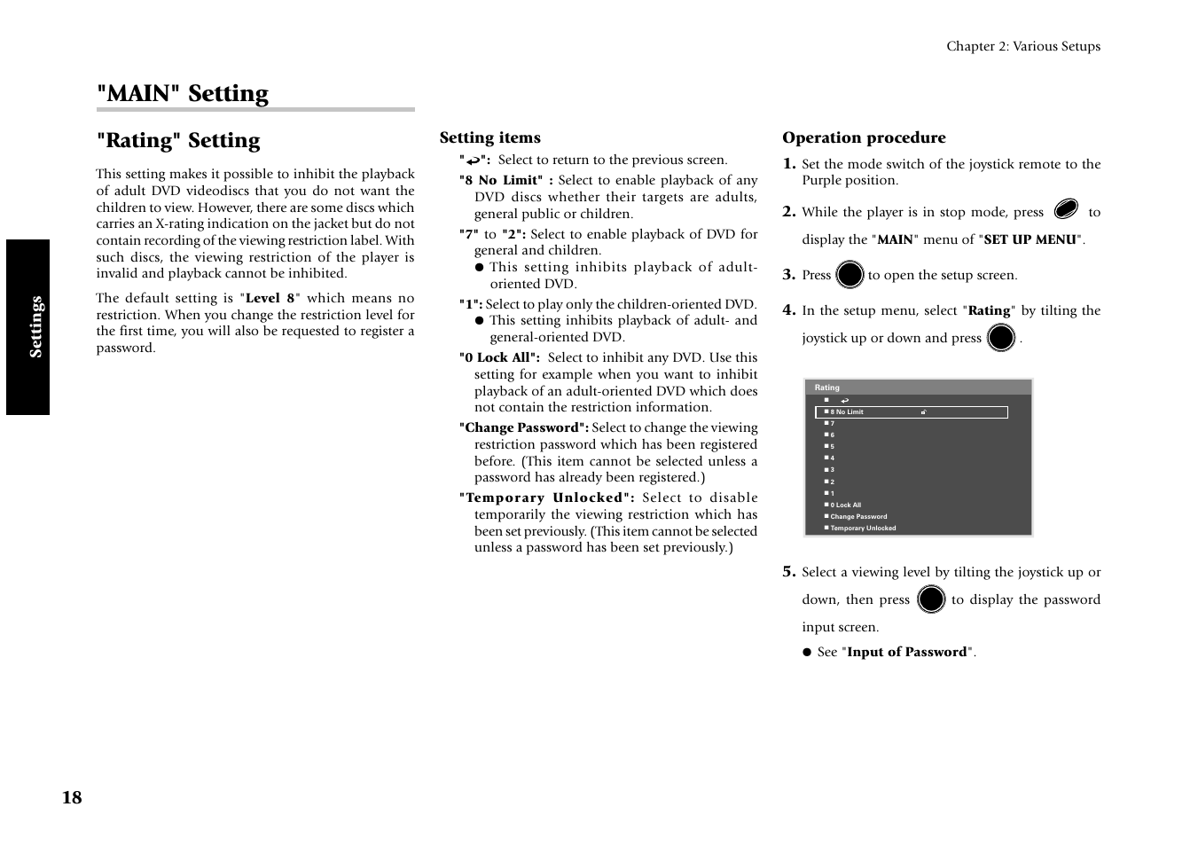 Main" setting, Rating" setting | Kenwood DV-4070 User Manual | Page 18 / 48