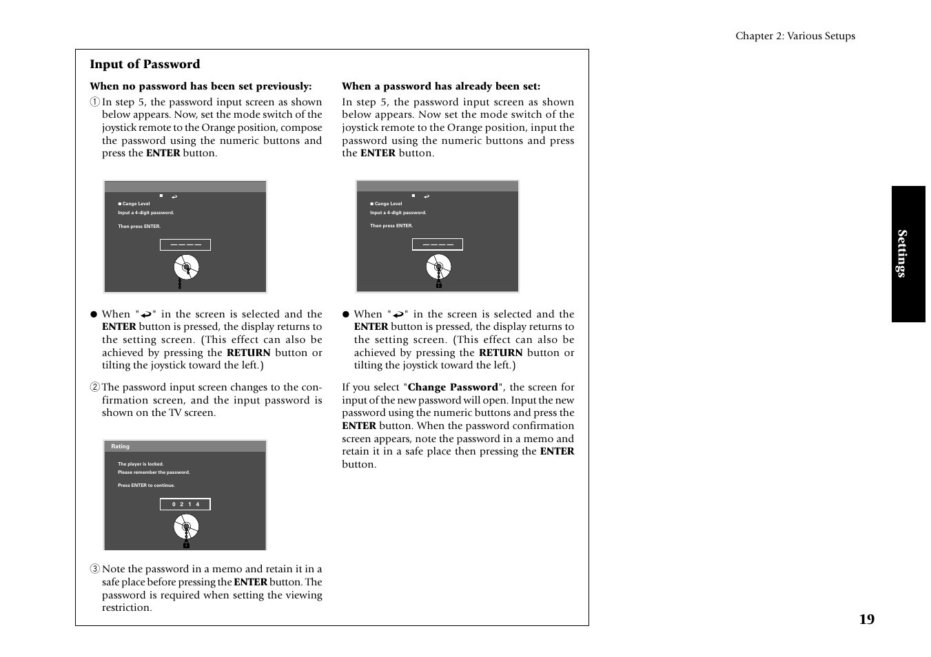 Settings, Input of password | Kenwood DV-4070 User Manual | Page 19 / 48