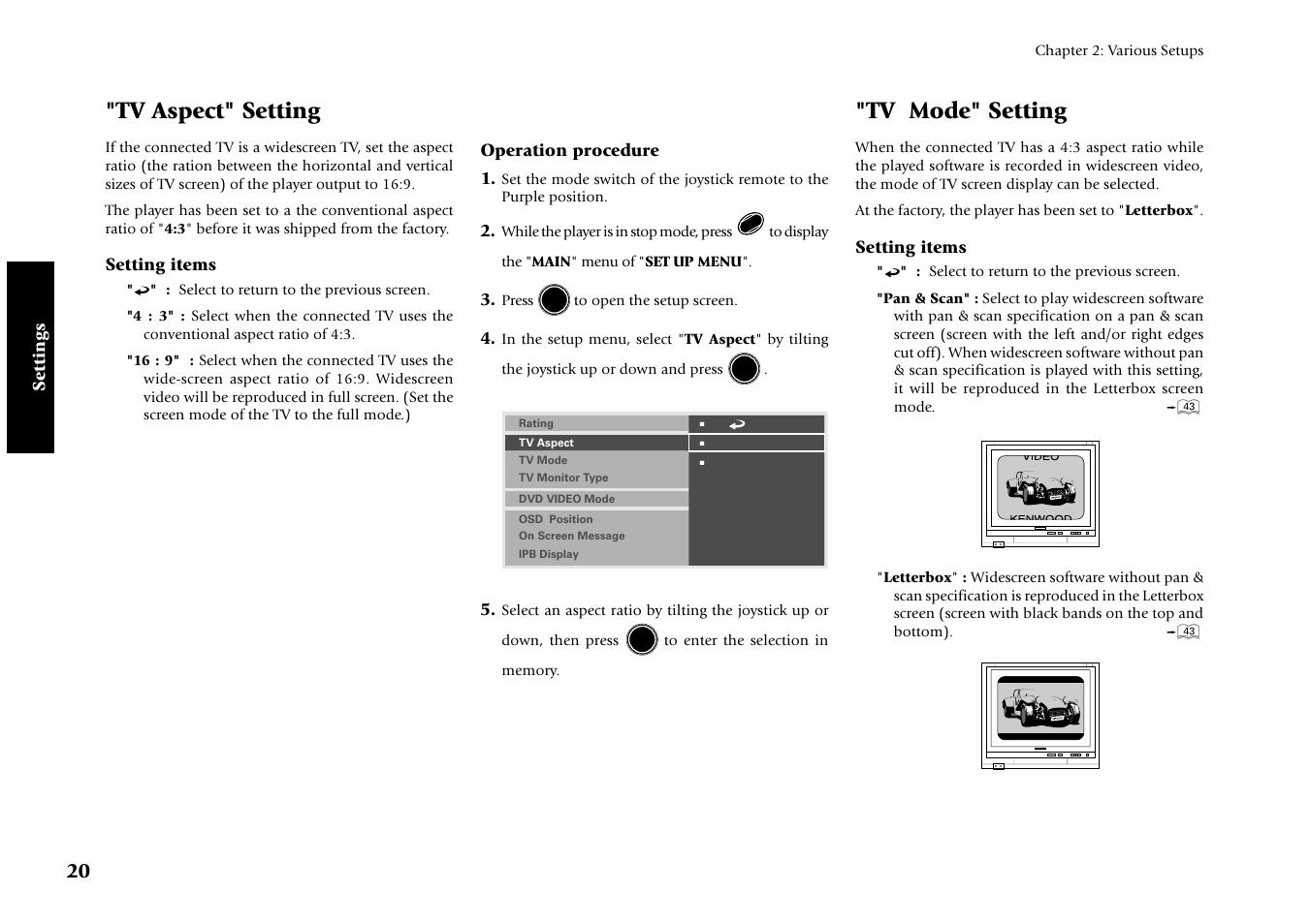 Tv aspect" setting, Tv mode" setting | Kenwood DV-4070 User Manual | Page 20 / 48