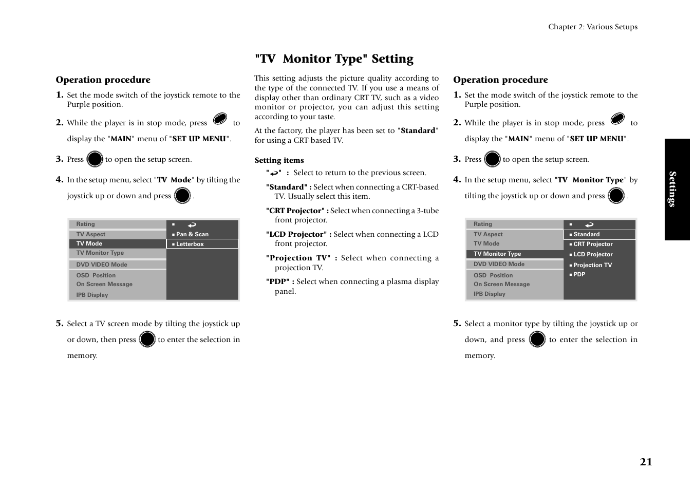 Tv monitor type" setting, Settings, Operation procedure 1 | Kenwood DV-4070 User Manual | Page 21 / 48