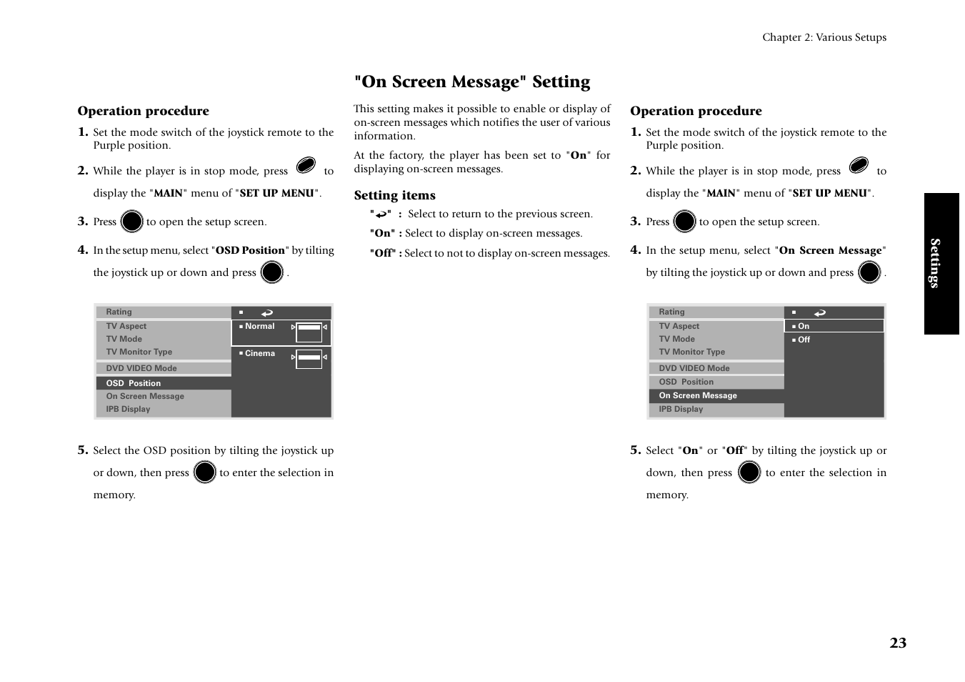 On screen message" setting, Settings, Setting items | Operation procedure 1 | Kenwood DV-4070 User Manual | Page 23 / 48