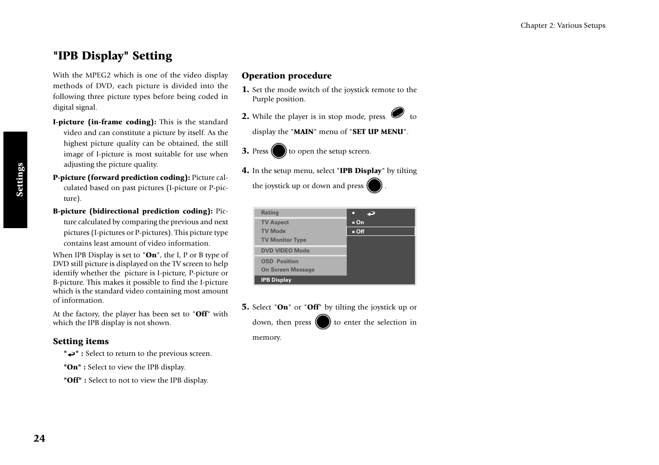 Ipb display" setting, Settings, Setting items | Operation procedure 1 | Kenwood DV-4070 User Manual | Page 24 / 48